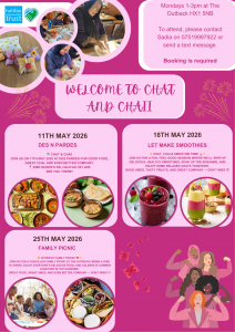 Poster for Chat and Chai May 2026 at the Outback Centre Halifax HX1 5NB