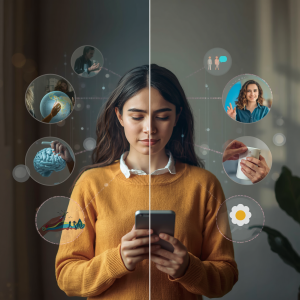 A photorealistic image showing the balance between digital technology and mental wellbeing. A peaceful person finding clarity and calm while mindfully using technology, with soft natural lighting.