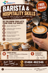 Barista poster for free course at Crosland Moor Community centre